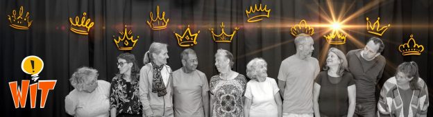 Long row of improvisors beside the WIT logo