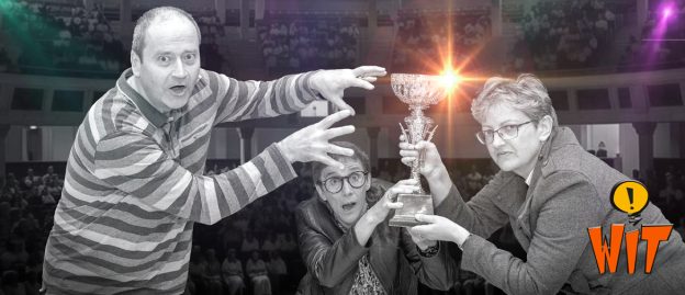 Photograph of 3 improvisors who battle to win the sparkly cup!